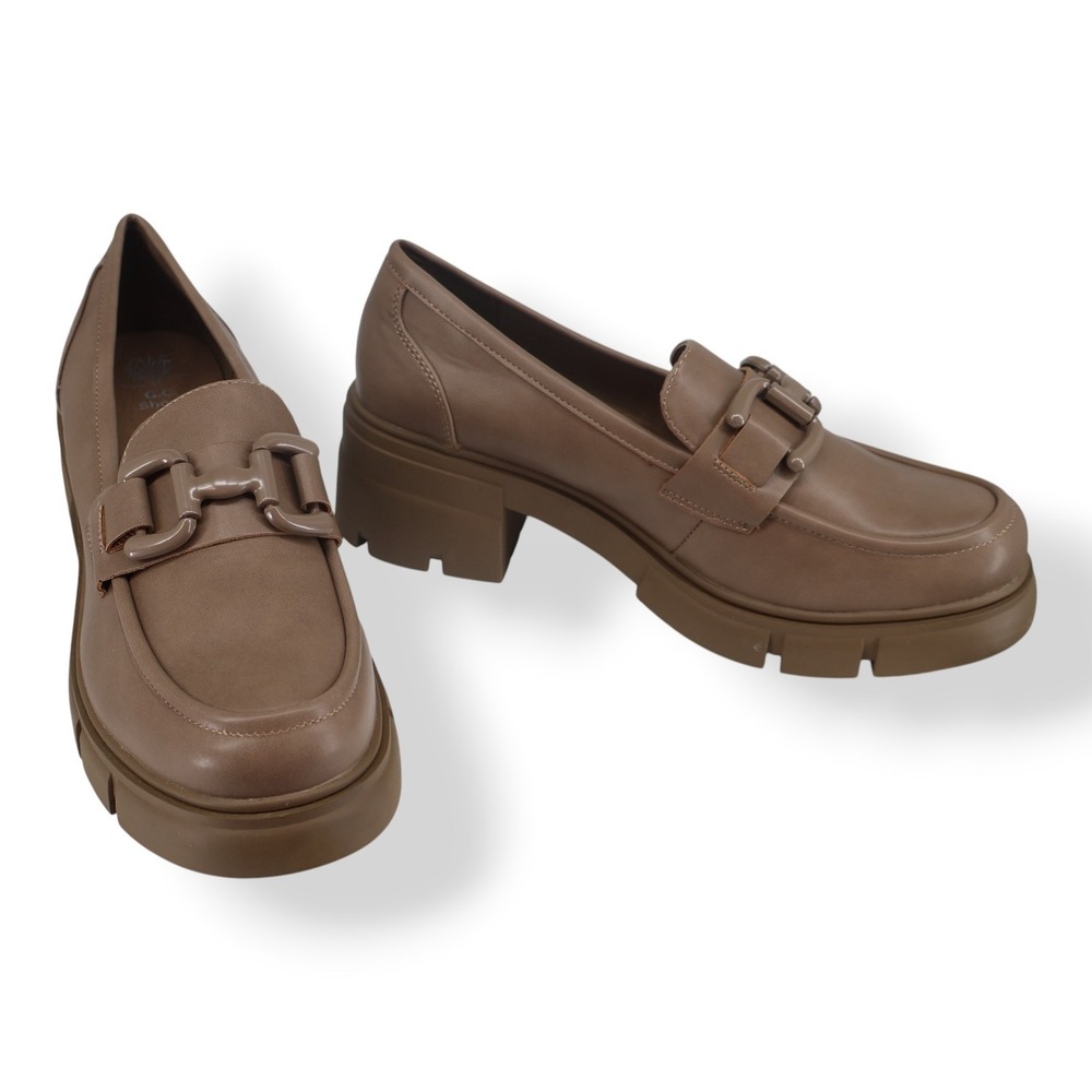 GC‎ Shoes Caesar Taupe Lug Sole Platform Loafer Horsebit Chain Detail Size 9.5